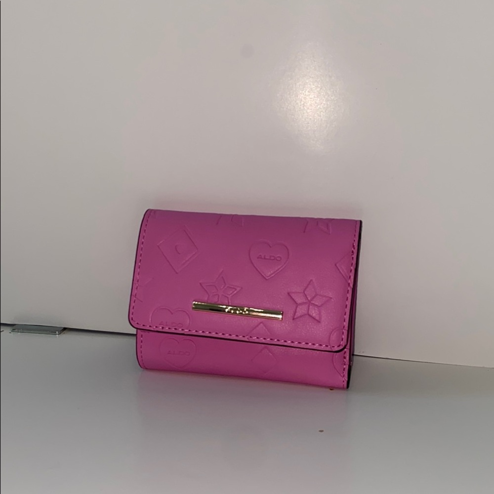 Aldo Women Wallet‎ 5"X4" Pink Compact Embossed Logo Trifold Gold Hardware